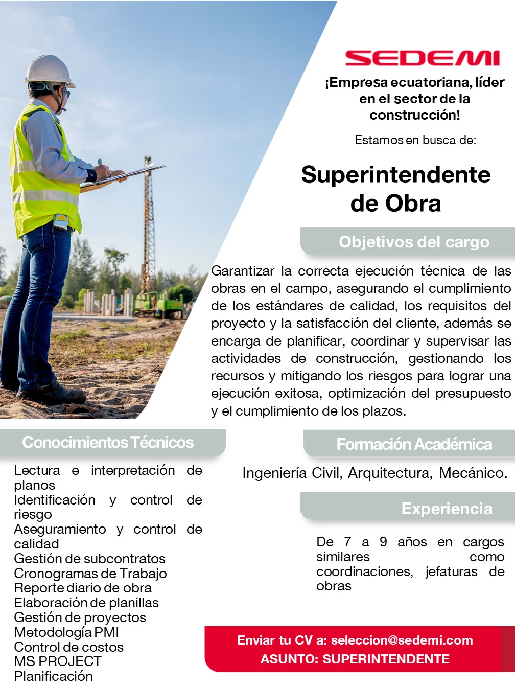 Nuevas oportunidades de empleo Superintendente de Obra en Sedemi
